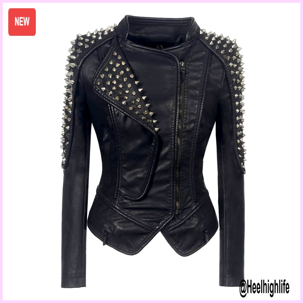 Women's Faux Leather Motorcycle Jacket With Rivets And Asymmetric Zipper